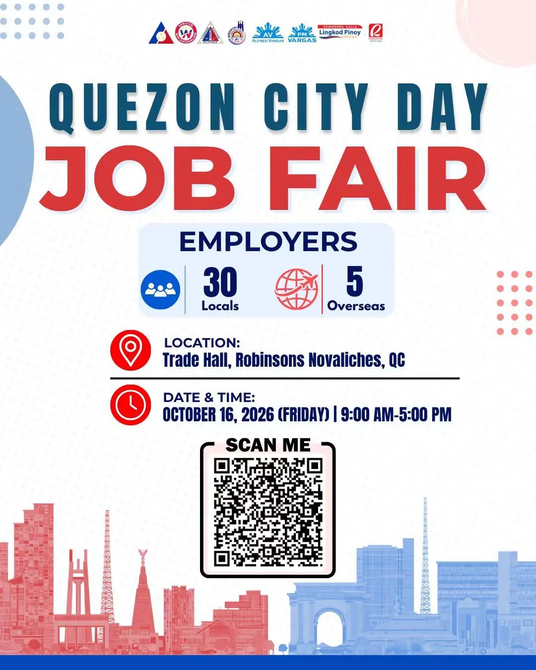 Quezon City Day Job Fair poster: October 16, 2026, 9 AM to 5 PM, Trade Hall, Robinsons Novaliches