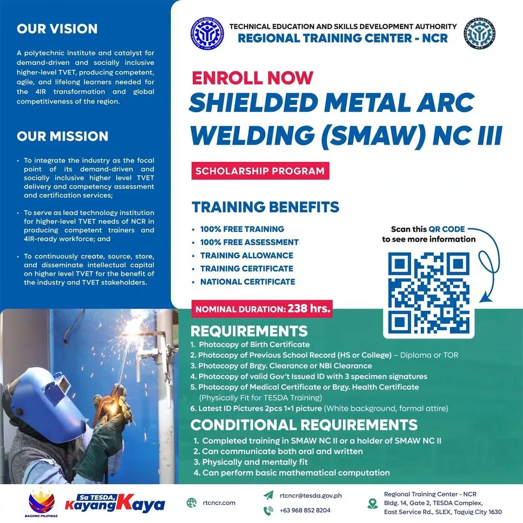 TESDA RTC-NCR enrollment poster for Shielded Metal Arc Welding (SMAW) NC III under the Training for Work Scholarship Program, with free training, free assessment, training allowance and the list of documentary requirements